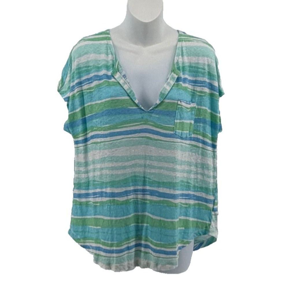 Lilly Pulitzer Linen Striped Top Womens Large Beachy V Neck Pocket Tee